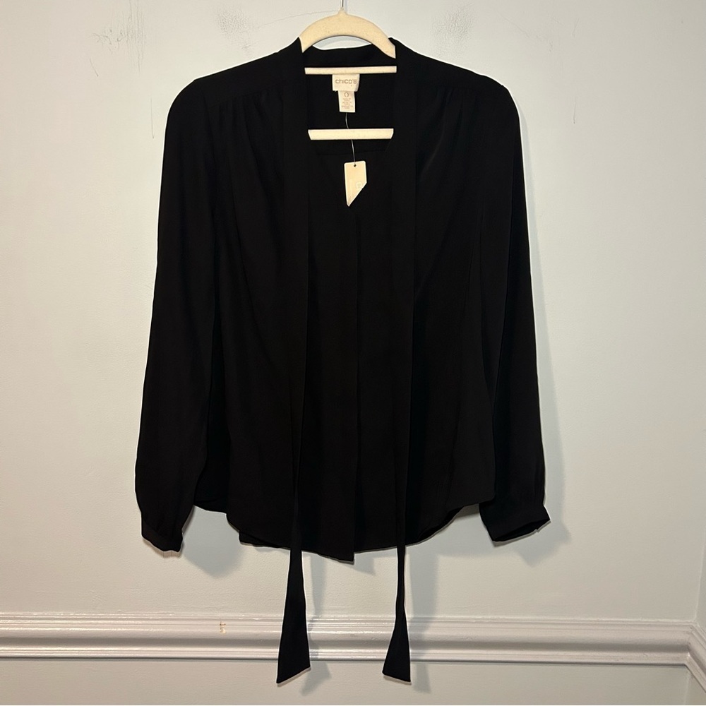 NWT Chico’s Black Apparel Bow Blouse LS Fashion Button Up Blouse Size 4